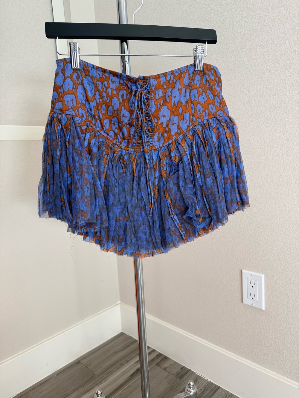 Free People Blue and Brown Lace-Up Tiered Mini Skirt